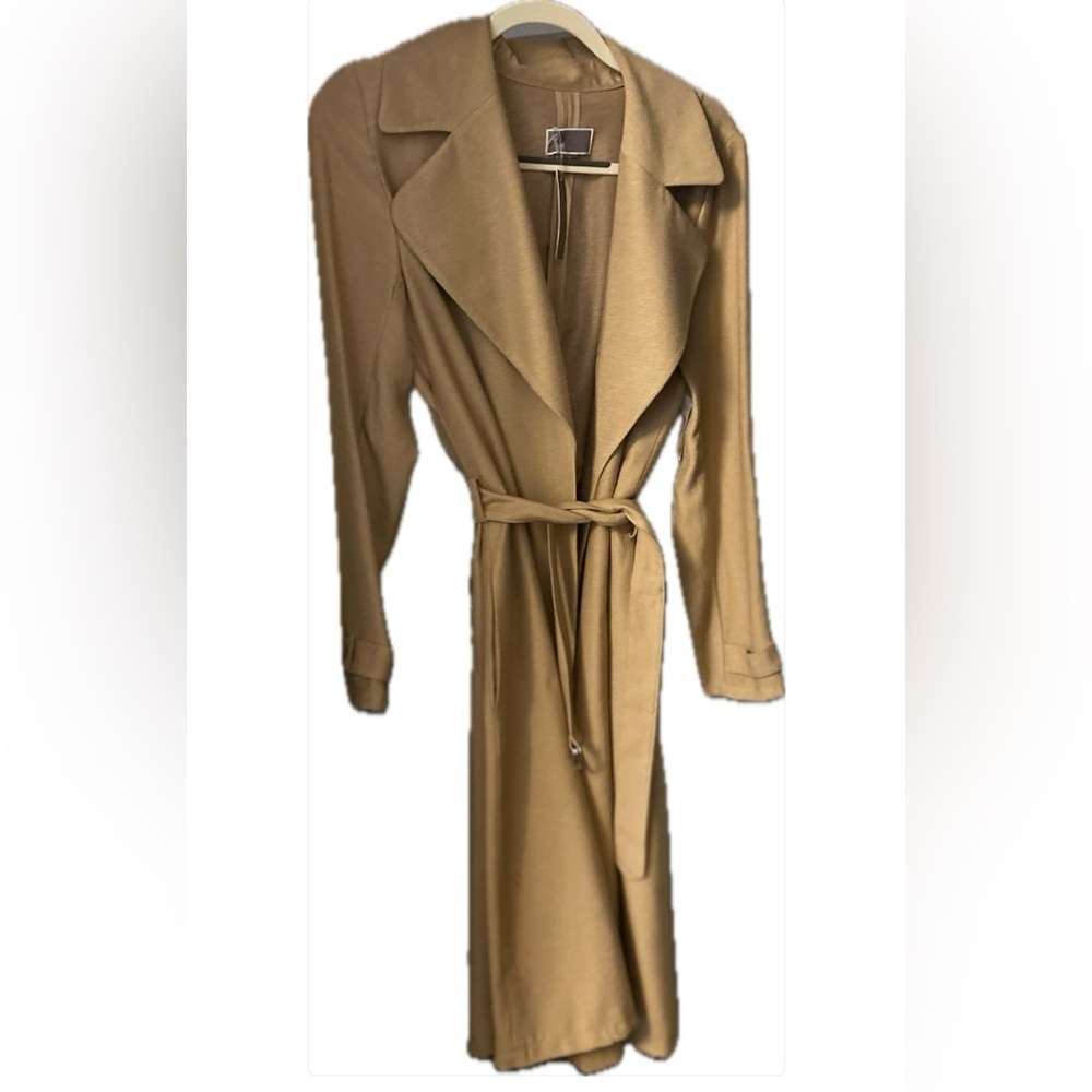 NWT Chelsea28 Belted Trench Coat Long Tan Crepe Wrap Style M  $148